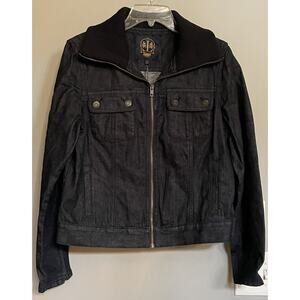 Talbots Jacket Blue Denim Knit Collar‎ Zip Up Pockets Zip Cuff Size 14 NWT